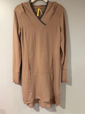 Lole Long Sleeve Hooded Tunic Dress in Taupe with Dark Trim